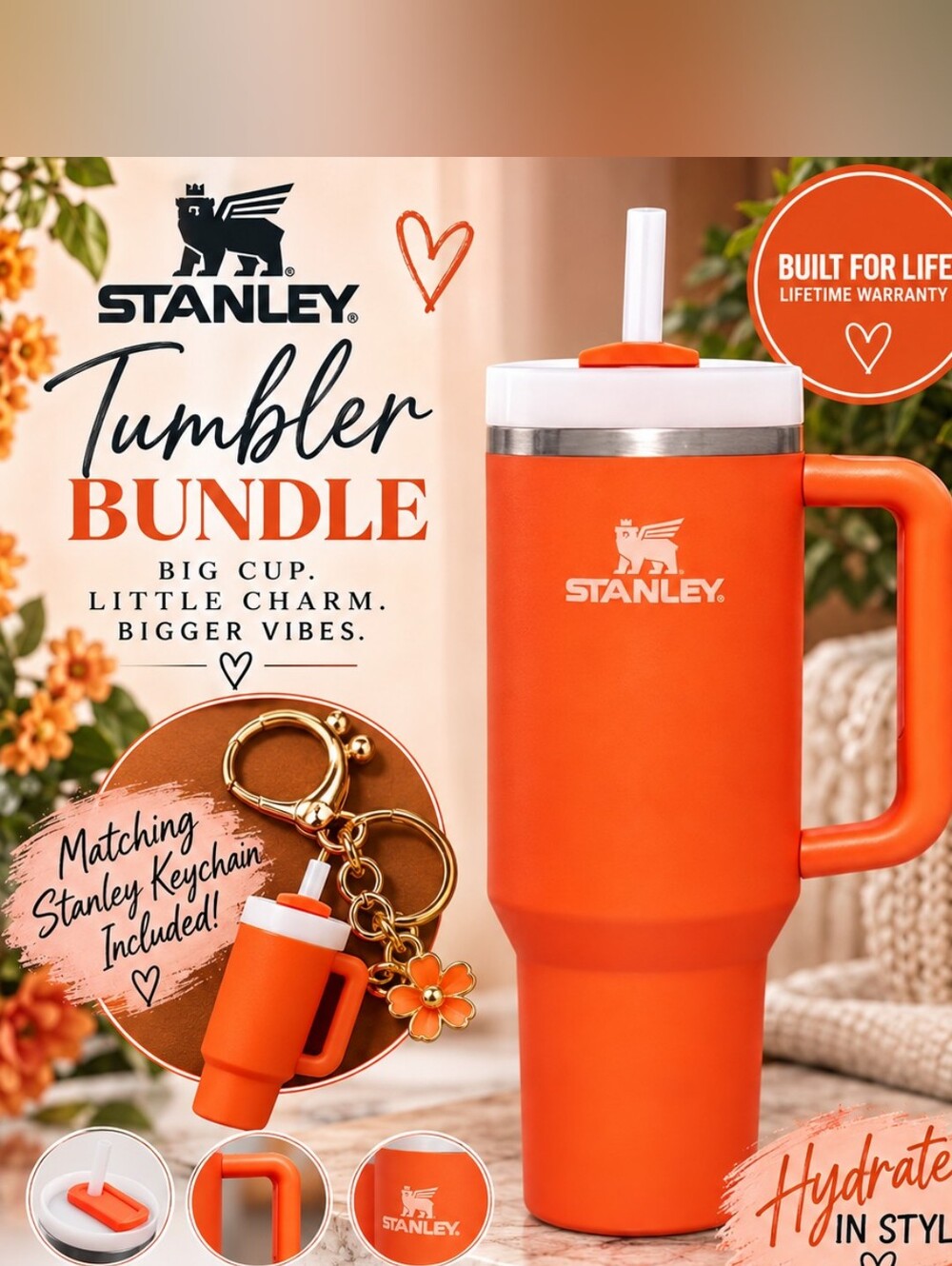 Stanley BUNDLE - Orange Tumbler with Straw & Orange Tumbler Keychain!!